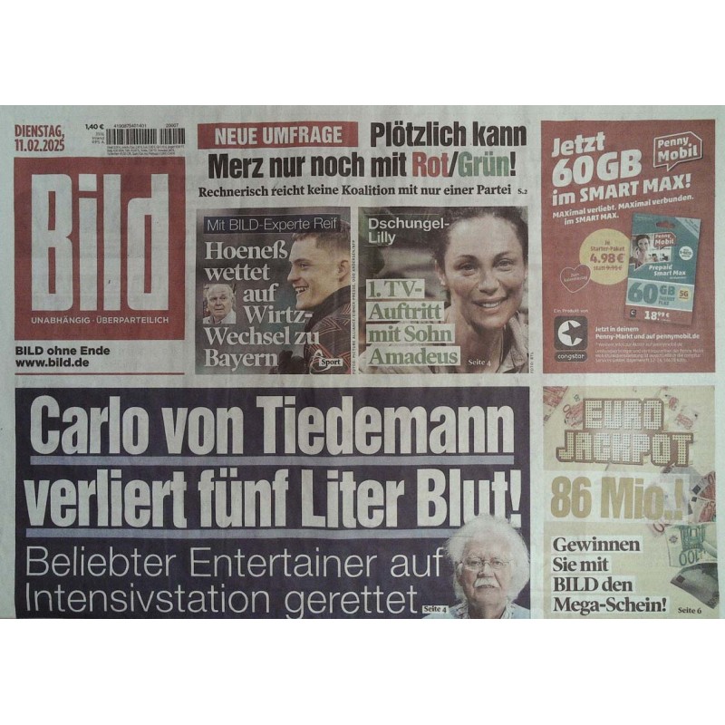 Bild Zeitung Dienstag, 11 Februar 2025 - Carlo von Tiedemann