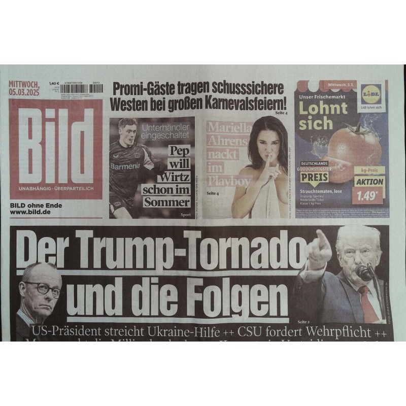 Bild Zeitung Mittwoch, 5 März 2025 - Der Trump-Tornado
