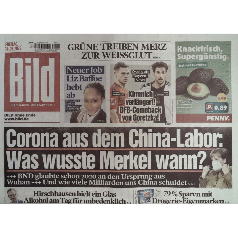 Bild Zeitung Freitag, 14 März 2025 - Corona aus dem China-Labor
