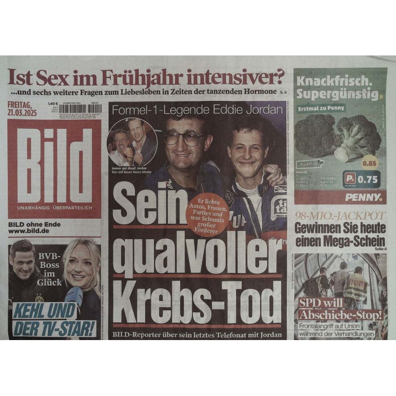Bild Zeitung Freitag, 21 März 2025 - Legende Eddie Jordan