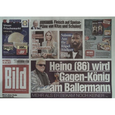 Bild Zeitung Mittwoch, 30 April 2025 - Gagen-König Heino
