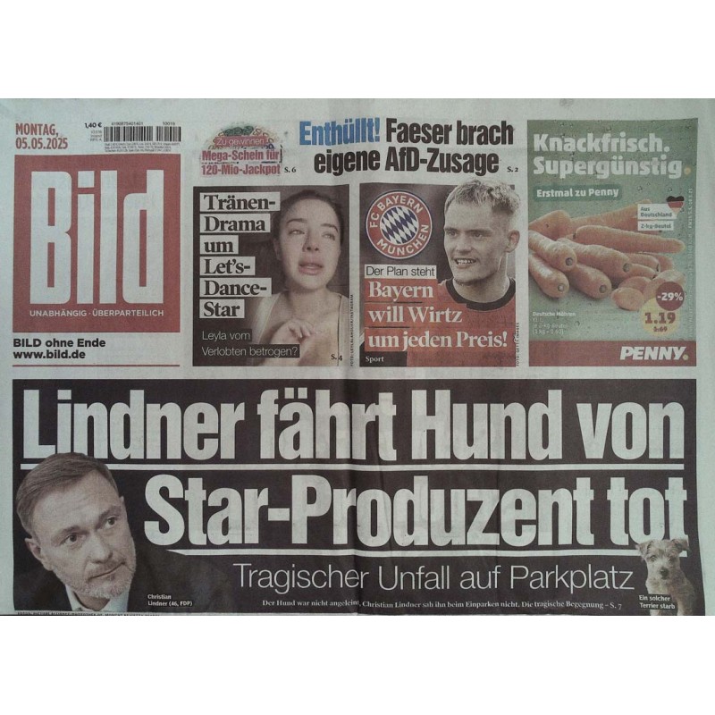 Bild Zeitung Montag, 5 Mai 2025 - Lindner fährt Hund tot