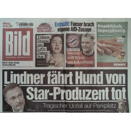 Bild Zeitung Montag, 5 Mai 2025 - Lindner fährt Hund tot