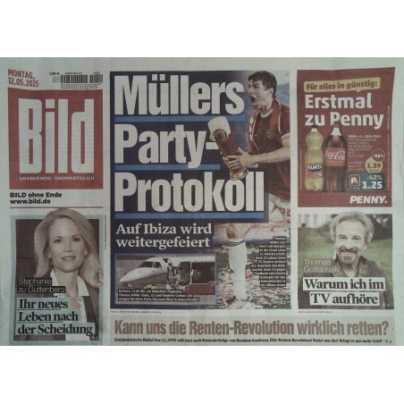 Bild Zeitung Montag, 12 Mai 2025 - Müllers Party-Protokoll