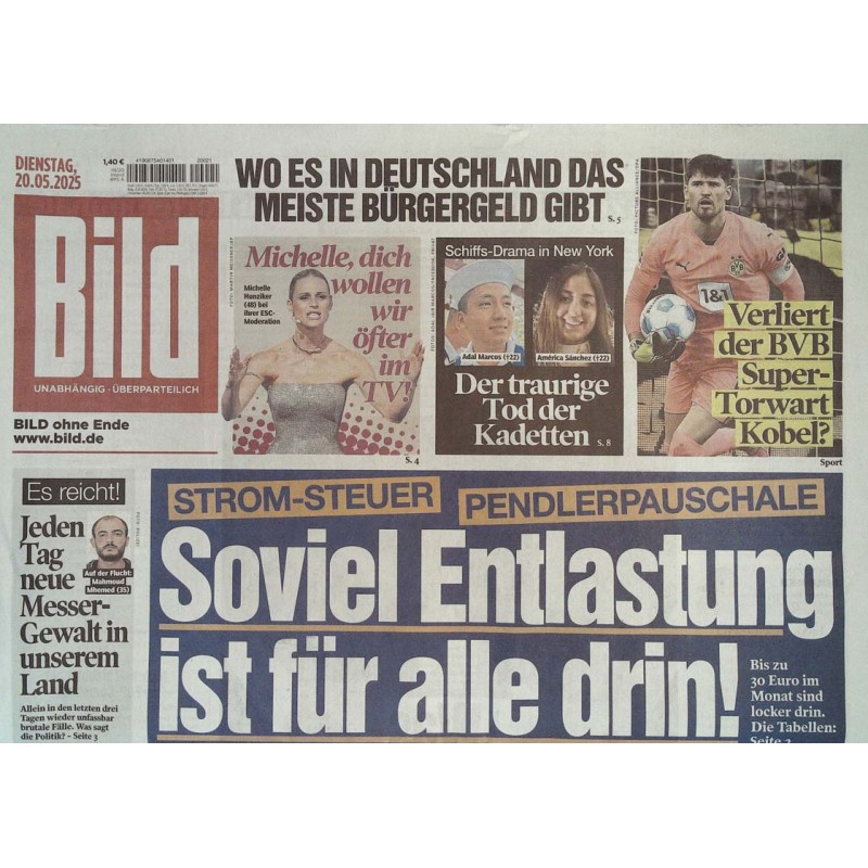 Bild Zeitung Dienstag, 20 Mai 2025 - Entlastung für alle