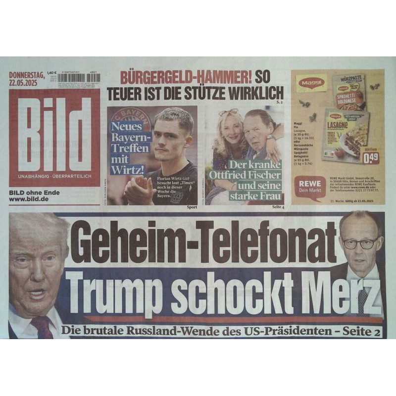 Bild Zeitung Donnerstag, 22 Mai 2025 - Geheim Telefonat