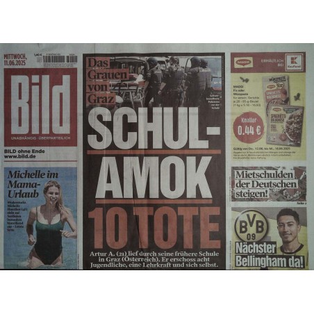 Bild Zeitung Mittwoch, 11 Juni 2025 - Schul-Amok in Graz