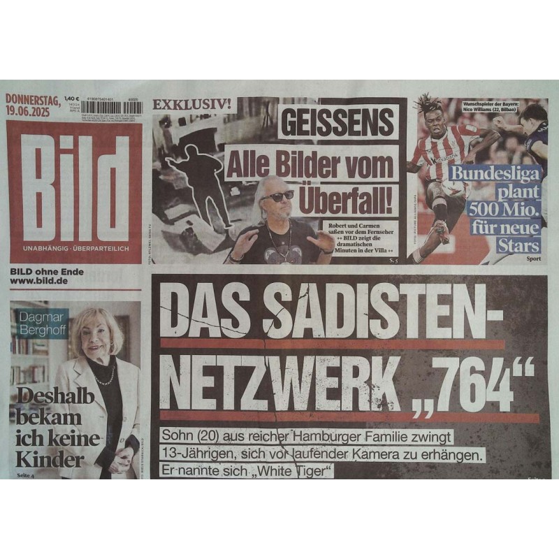Bild Zeitung Donnerstag, 19 Juni 2025 - Das Sadisten Netzwerk