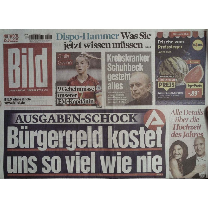 Bild Zeitung Mittwoch, 25 Juni 2025 - Ausgaben Schock