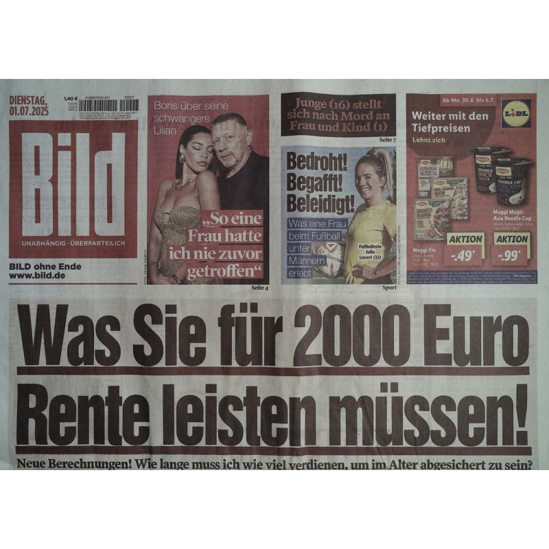 Bild Zeitung Dienstag, 1 Juli 2025 - ... 2000 Euro Rente leisten...