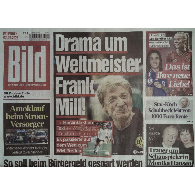 Bild Zeitung Mittwoch, 2 Juli 2025 - Drama um Frank Mill!