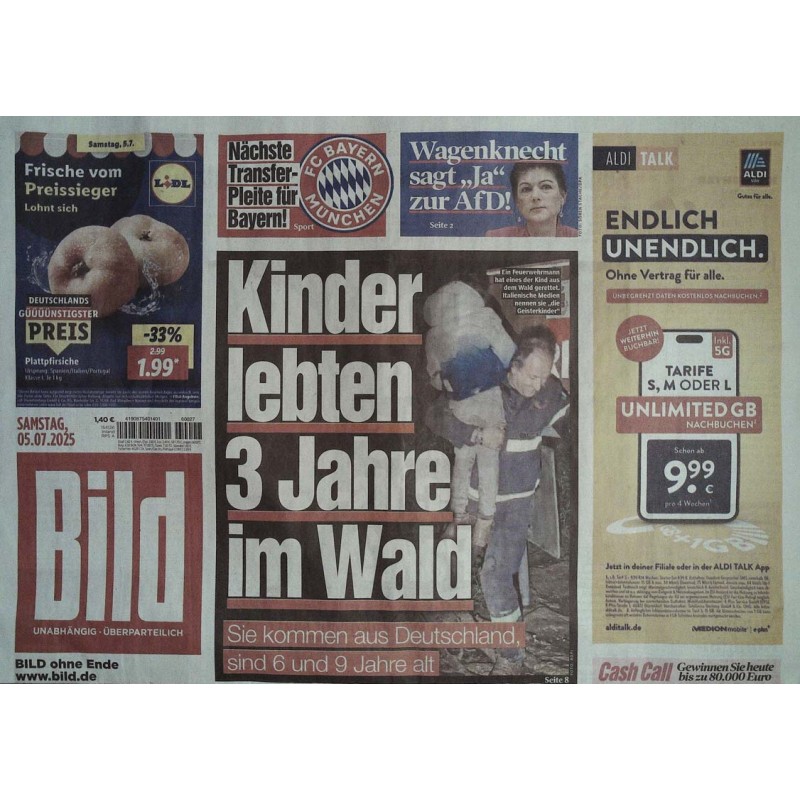 Bild Zeitung Samstag, 5 Juli 2025 - Kinder lebten im Wald