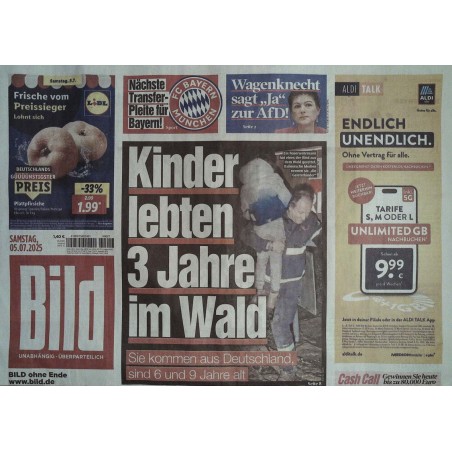 Bild Zeitung Samstag, 5 Juli 2025 - Kinder lebten im Wald