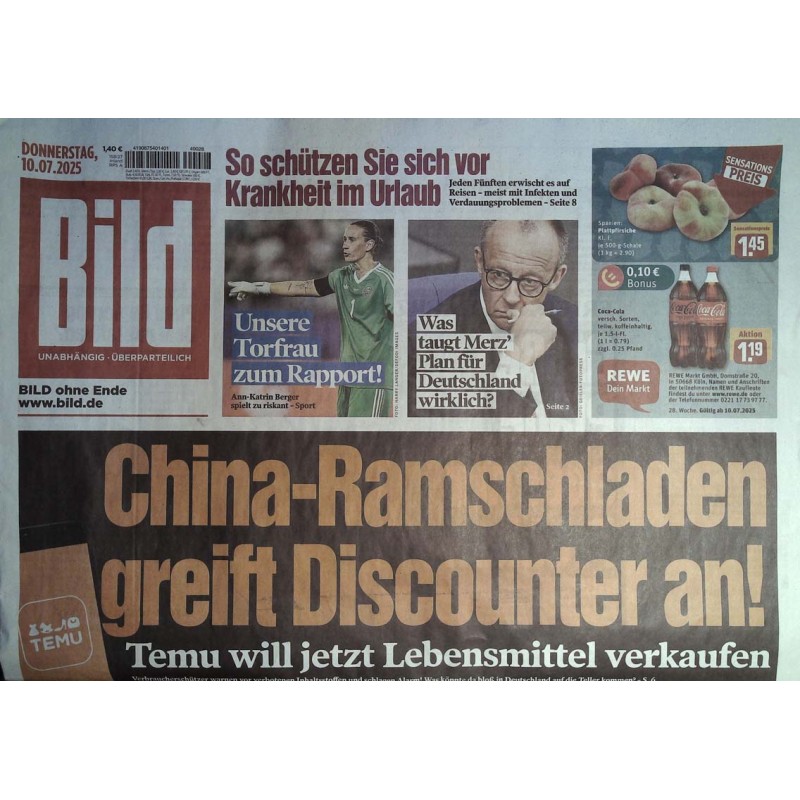 Bild Zeitung Donnerstag, 10 Juli 2025 - Temu greift Discounter an!