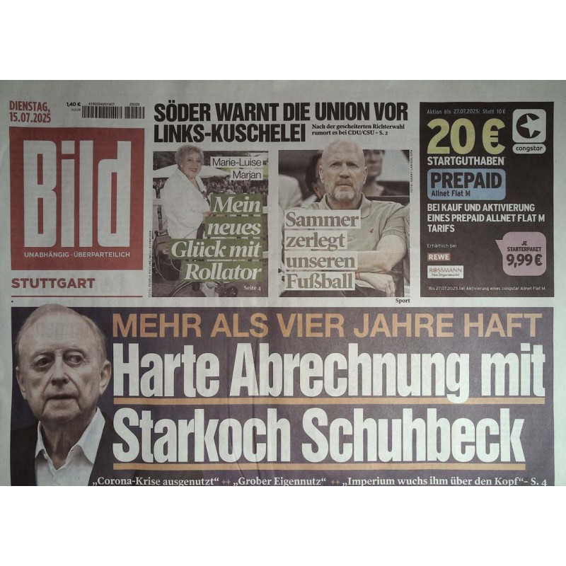 Bild Zeitung Dienstag, 15 Juli 2025 - Starkoch Schuhbeck