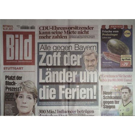Bild Zeitung Mittwoch, 16 Juli 2025 - Alle gegen Bayern