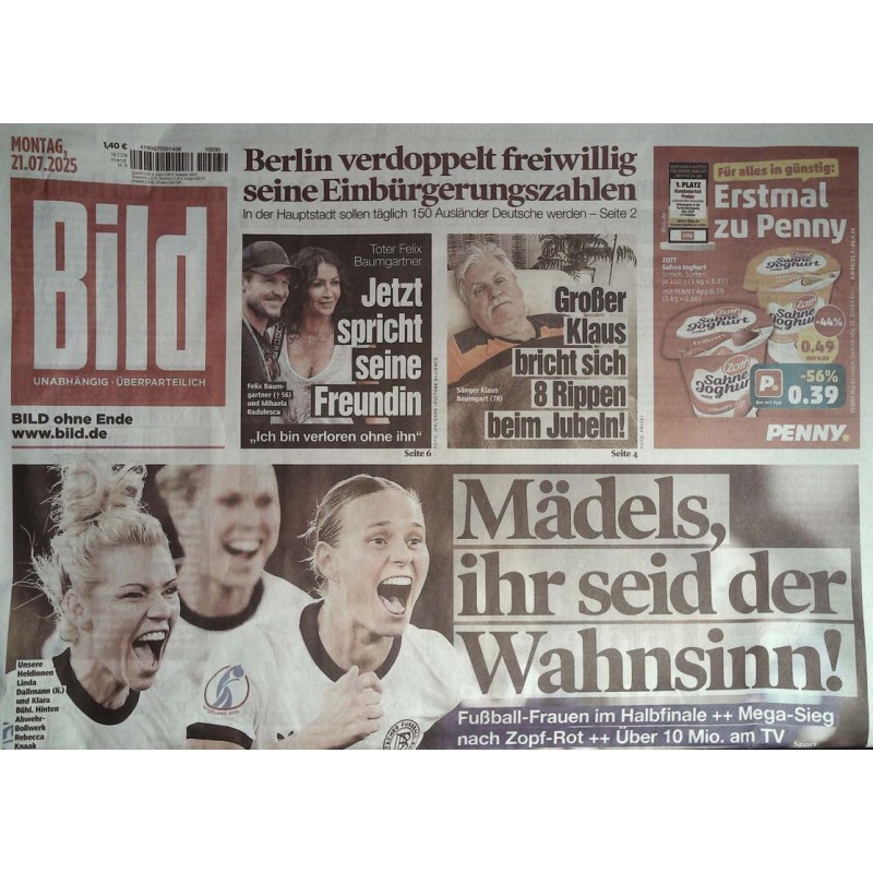 Bild Zeitung Montag, 21 Juli 2025 - Fußball-Frauen