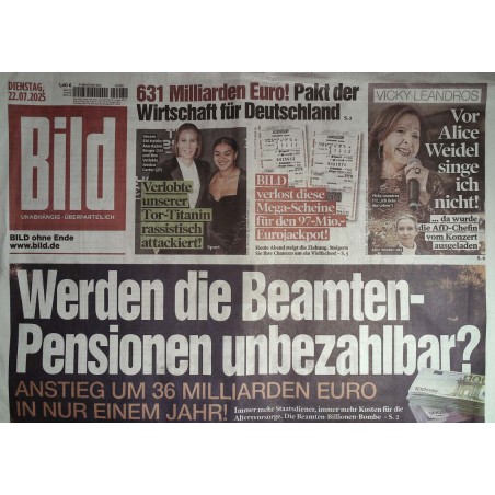 Bild Zeitung Dienstag, 22 Juli 2025 - Beamten-Pensionen