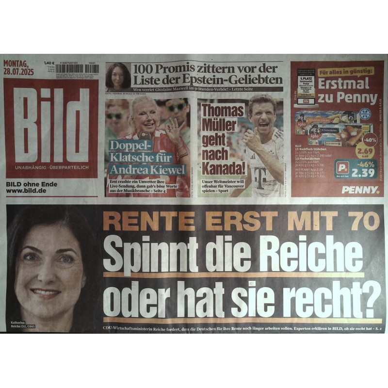 Bild Zeitung Montag, 28 Juli 2025 - Rente erst mit 70