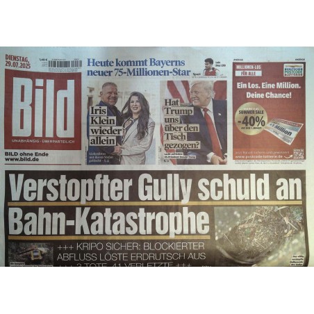 Bild Zeitung Dienstag, 29 Juli 2025 - Bahn Katastrophe