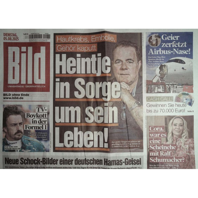 Bild Zeitung Dienstag, 5 August 2025 - Heintje in Sorge
