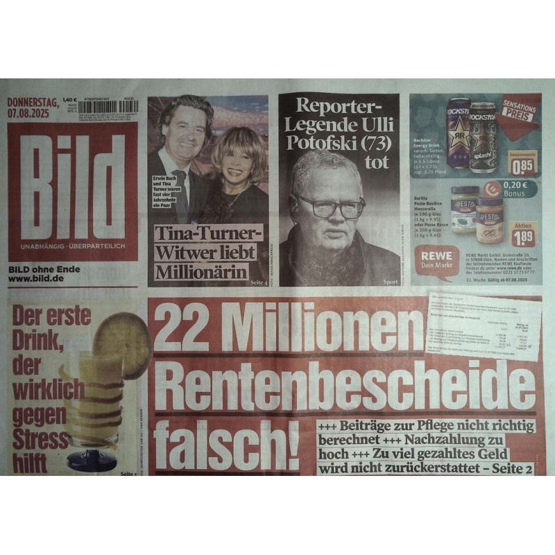 Bild Zeitung Donnerstag, 7 August 2025 - Rentenbescheide falsch