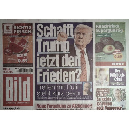 Bild Zeitung Freitag, 8 August 2025 - Frieden durch Trump?