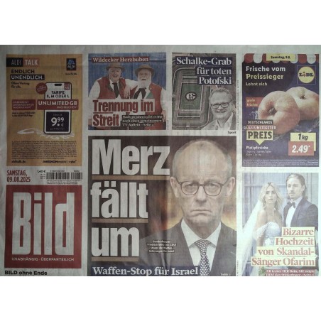 Bild Zeitung Samstag, 9 August 2025 - Merz fällt um