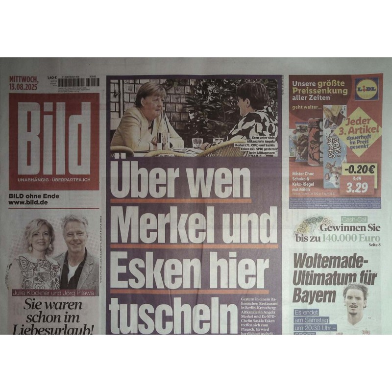 Bild Zeitung Mittwoch, 13 August 2025 - Merkel und Esken