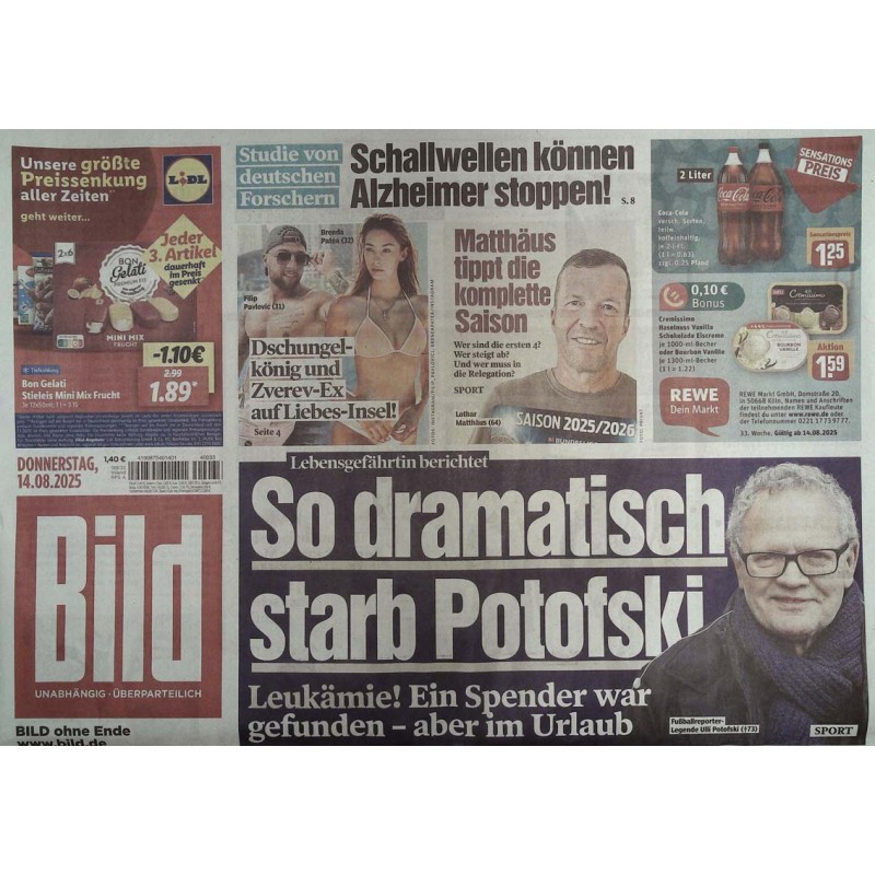 Bild Zeitung Donnerstag, 14 August 2025 - Ulli Potofski