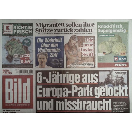 Bild Zeitung Freitag, 15 August 2025 - Mädchen im Europa-Park