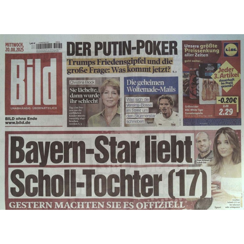 Bild Zeitung Mittwoch, 20 August 2025 - Bayern-Star liebt Scholl-Tochter