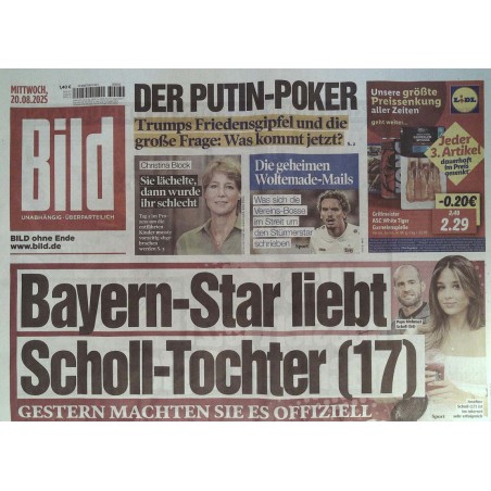 Bild Zeitung Mittwoch, 20 August 2025 - Bayern-Star liebt Scholl-Tochter