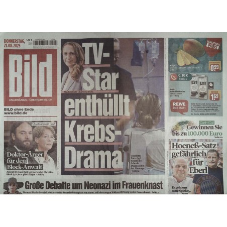 Bild Zeitung Donnerstag, 21 August 2025 - Krebs-Drama