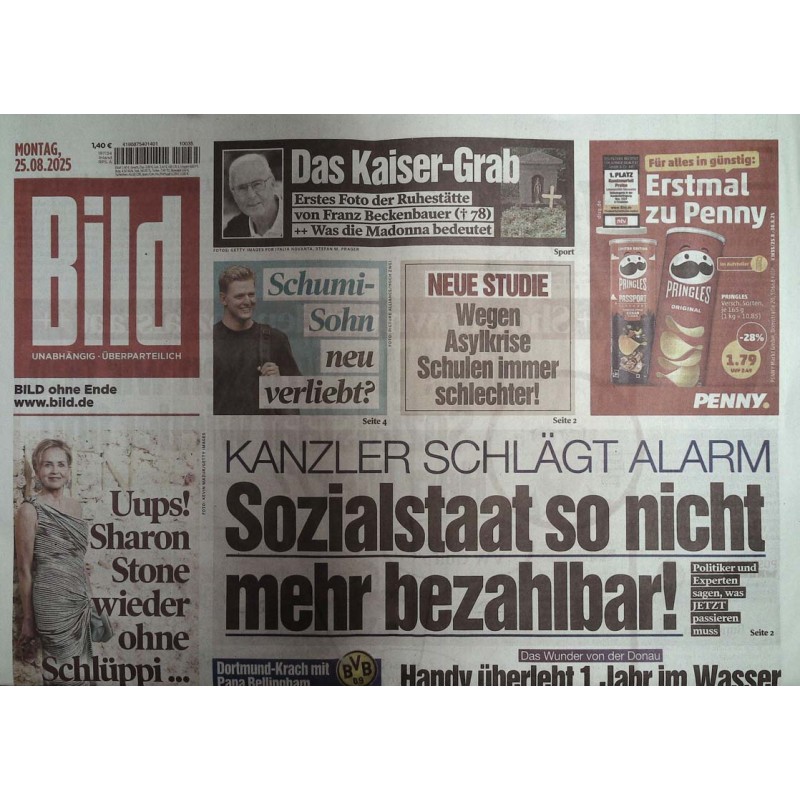 Bild Zeitung Montag, 25 August 2025 - Sozialstaat unbezahlbar