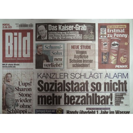 Bild Zeitung Montag, 25 August 2025 - Sozialstaat unbezahlbar