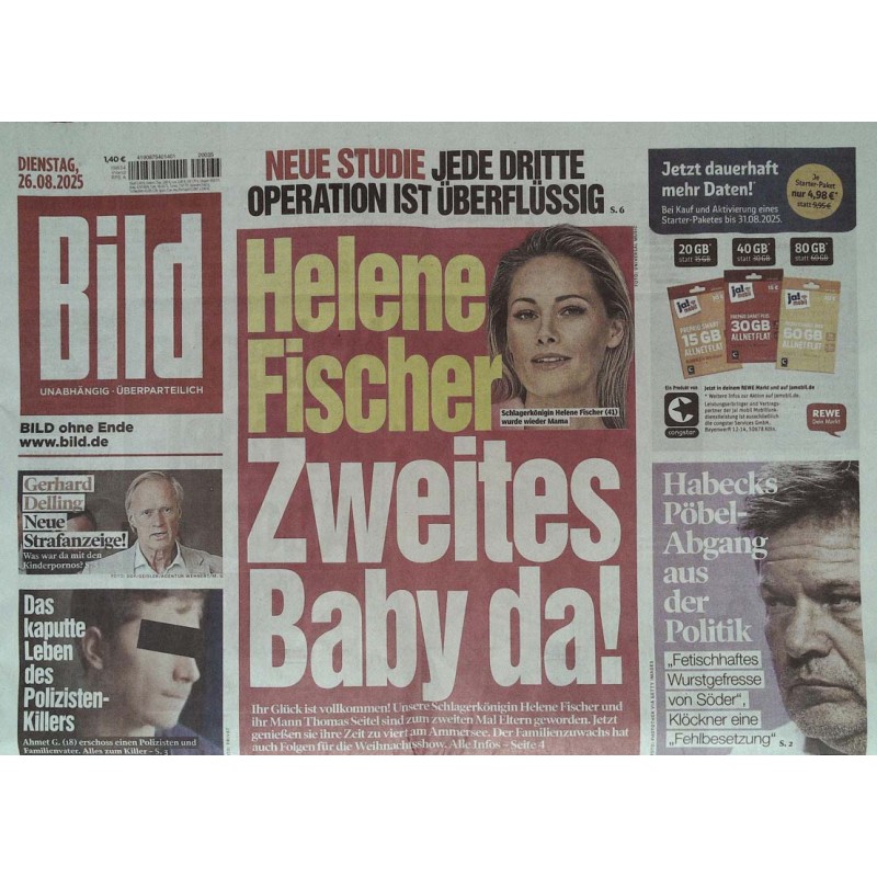 Bild Zeitung Dienstag, 26 August 2025 - Helene Fischer... Baby da!