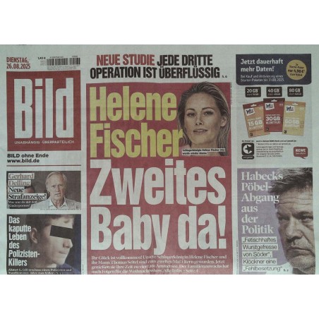 Bild Zeitung Dienstag, 26 August 2025 - Helene Fischer... Baby da!