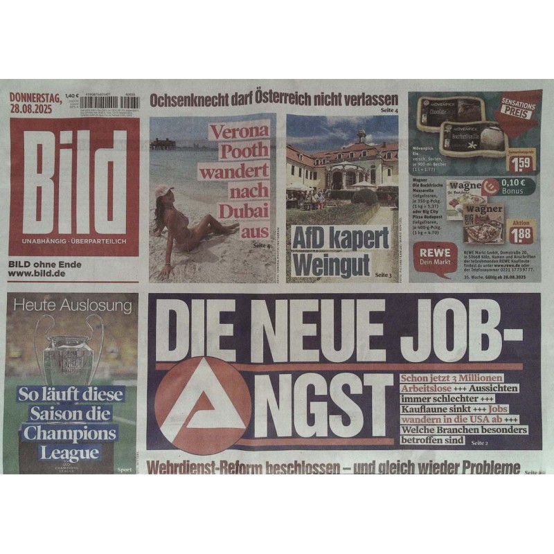 Bild Zeitung Donnerstag, 28 August 2025 - Die neue Job-Angst