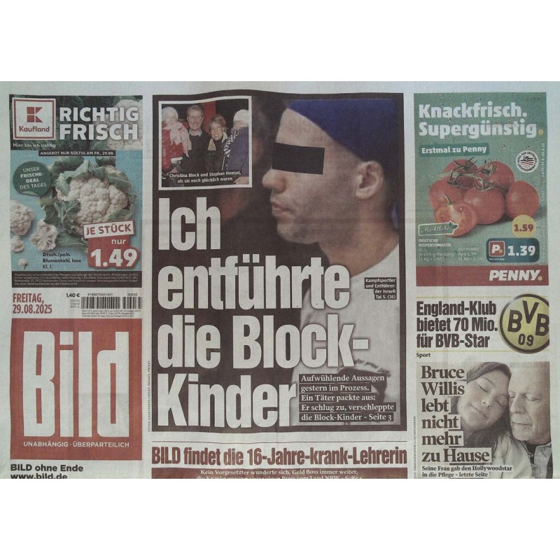 Bild Zeitung Freitag, 29 August 2025 - Entführung der Block-Kinder