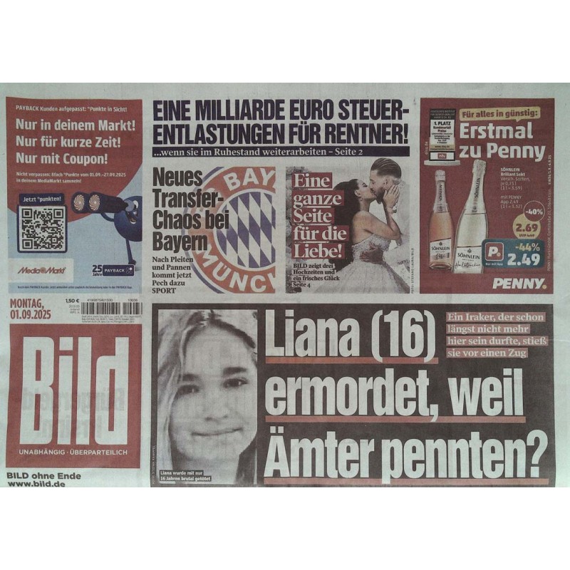 Bild Zeitung Montag, 1 September 2025 - Liana ermordet...