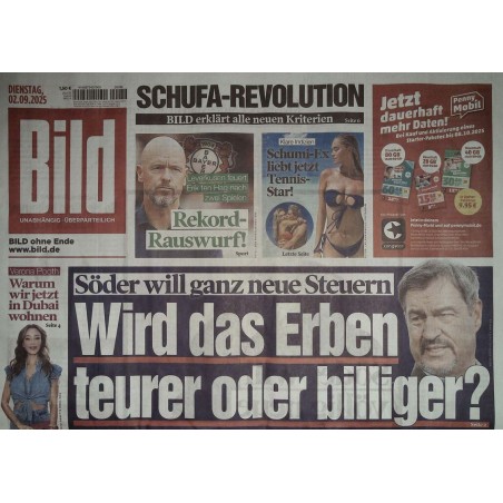 Bild Zeitung Dienstag, 2 September 2025 - Söder, neue Steuern!