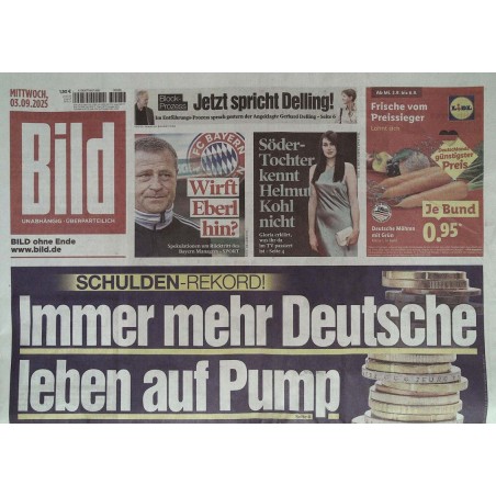 Bild Zeitung Mittwoch, 3 September 2025 - Schulden-Rekord!