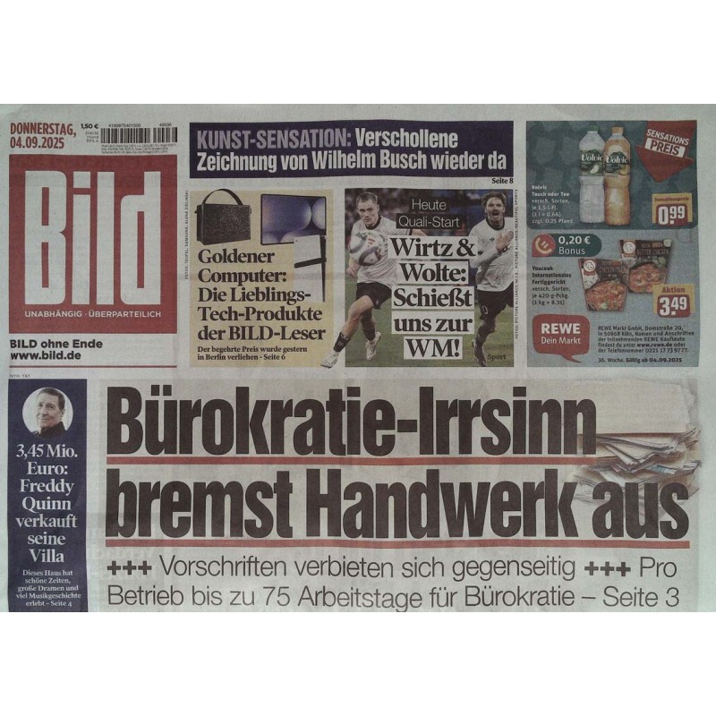 Bild Zeitung Donnerstag, 4 September 2025 - Bürokratie-Irrsinn