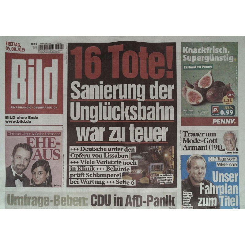 Bild Zeitung Freitag, 5 September 2025 - Die Unglücksbahn!
