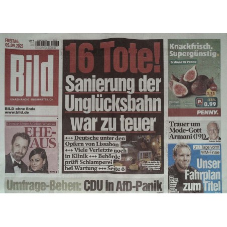 Bild Zeitung Freitag, 5 September 2025 - Die Unglücksbahn!