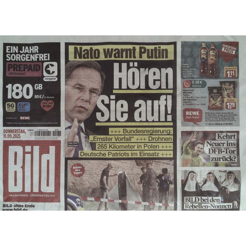 Bild Zeitung Donnerstag, 11 September 2025 - Nato warnt Putin