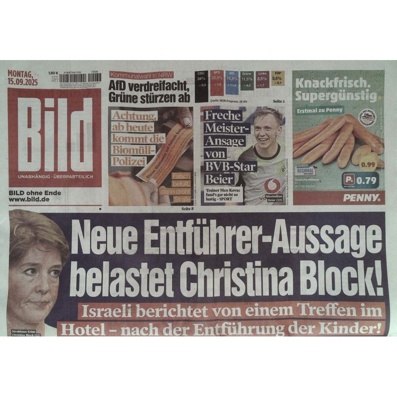 Bild Zeitung Montag, 15 September 2025 - Entführer-Aussage