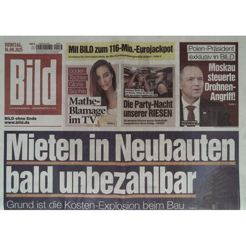 Bild Zeitung Dienstag, 16 September 2025 - Mieten bald unbezahlbar
