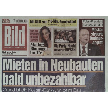 Bild Zeitung Dienstag, 16 September 2025 - Mieten bald unbezahlbar
